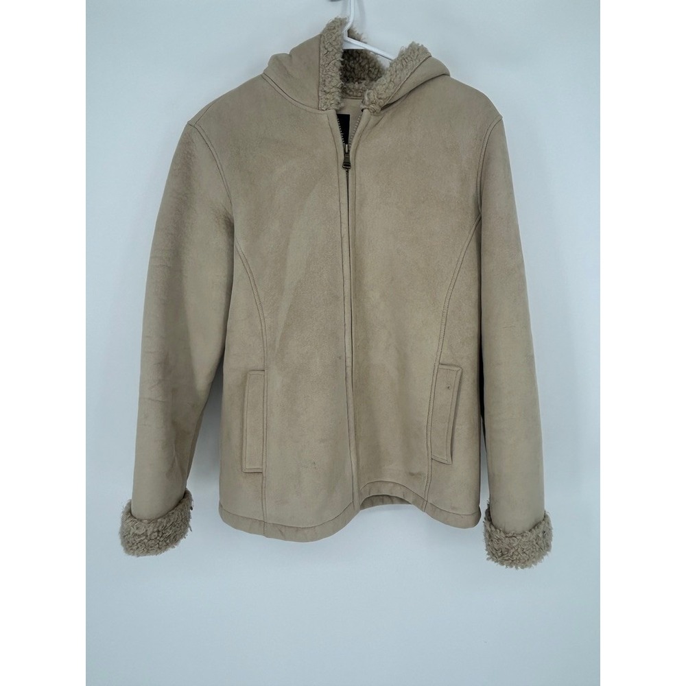 Esprit Faux Suede Shearling Hooded Jacket Tan Brown Y2K Boho Women M Cozy Cabin